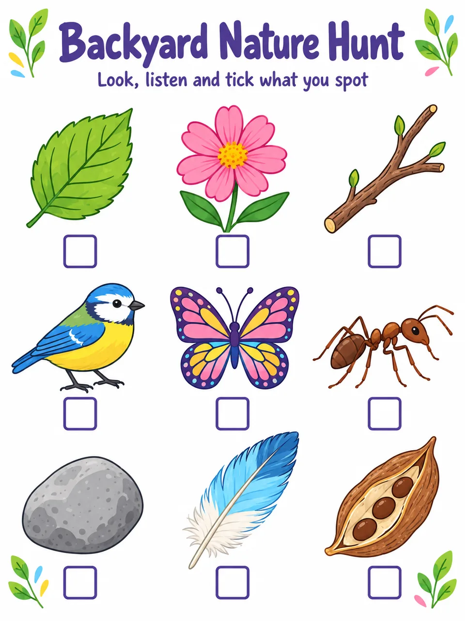 Backyard nature hunt worksheet with nine nature illustrations and checkboxes.