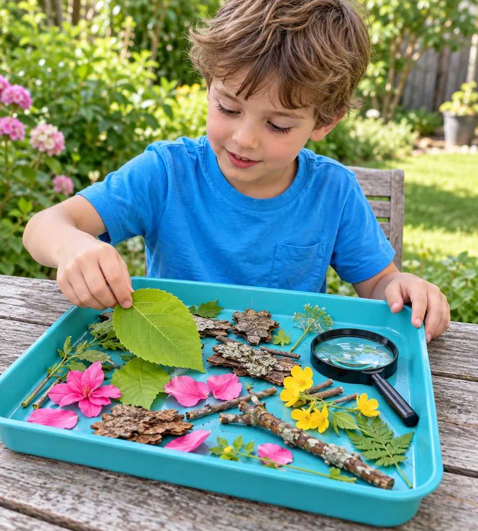 A child exploring leaves, bark and flowers in a turquoise nature tray.