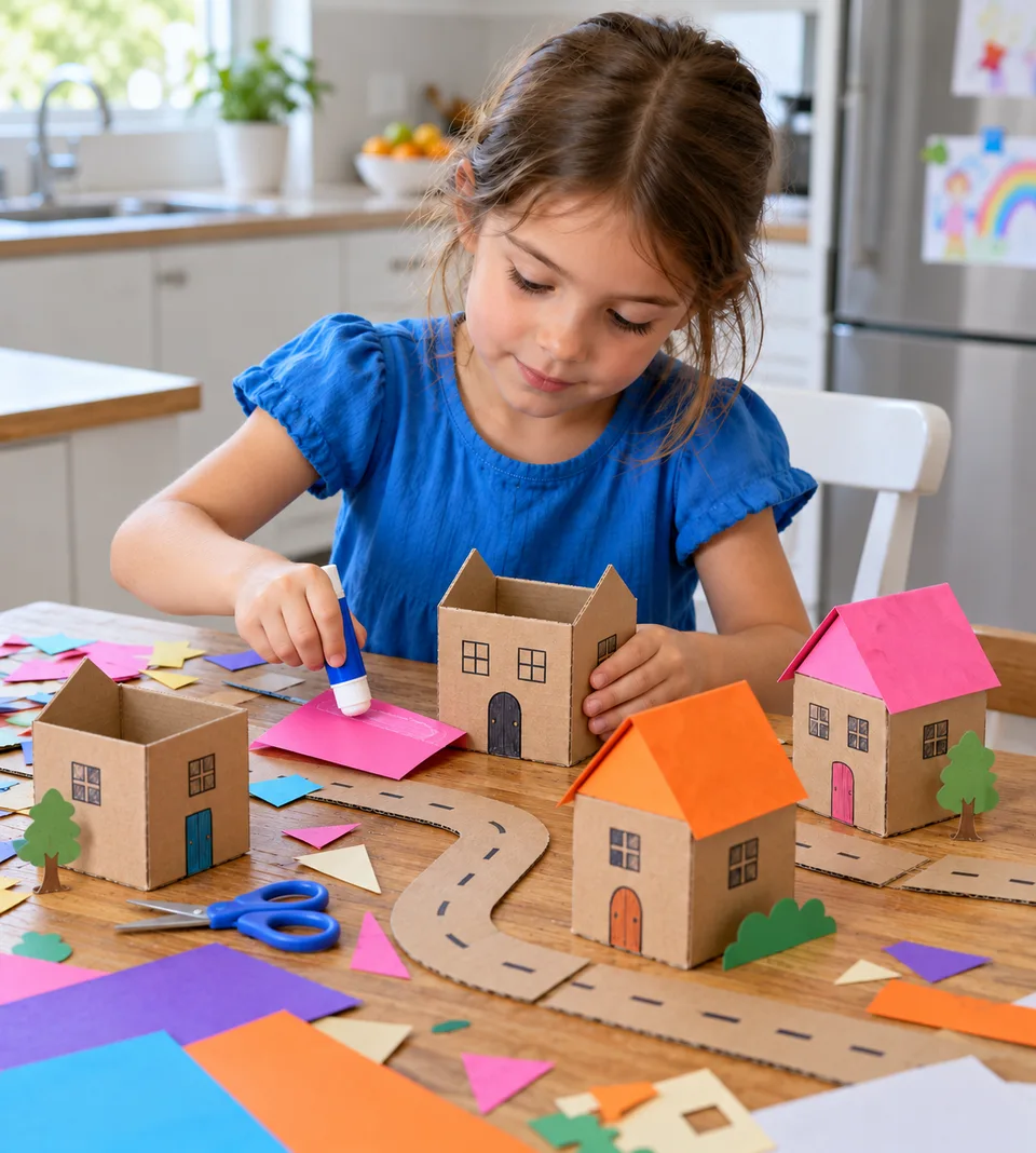 A child gluing a pink roof onto a handmade cardboard house in a cardboard town.