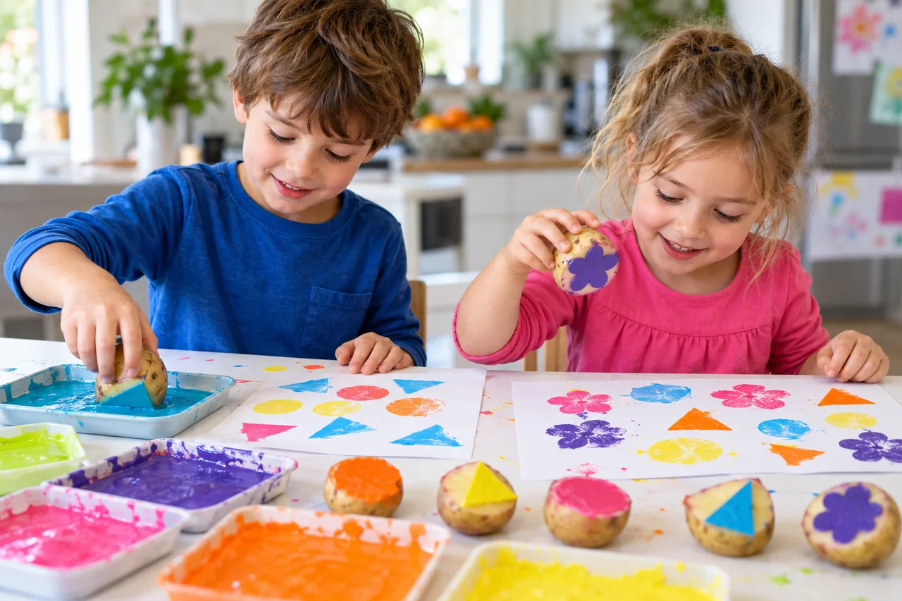 Two children making colourful potato prints at a kitchen table.