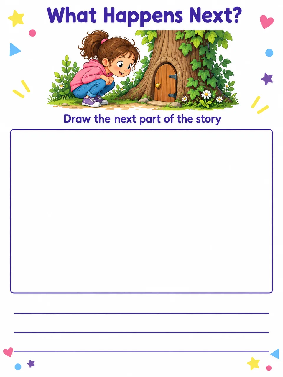What Happens Next story sheet with a drawing space and writing lines.