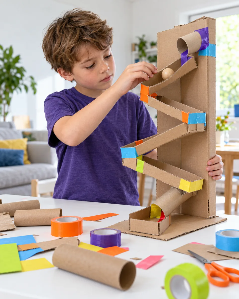 A child building a cardboard ball run with colourful tape.