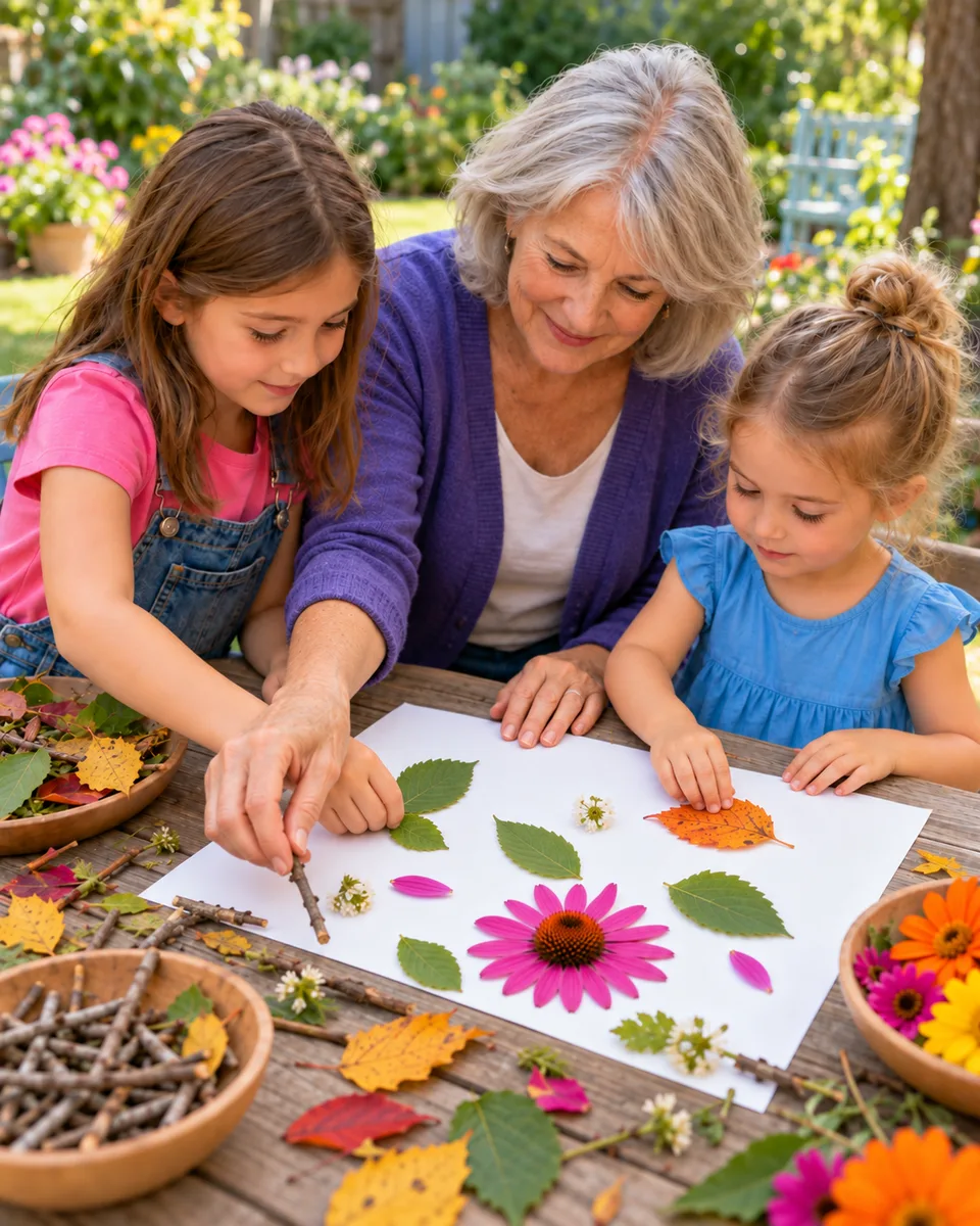 A grandmother and two girls making a collage from leaves, petals and twigs at a garden table.