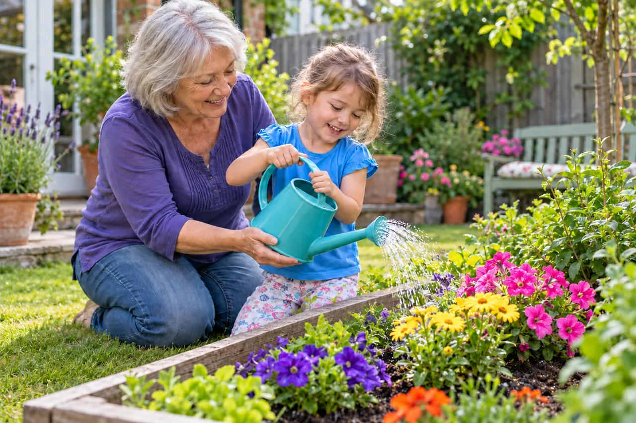 A grandmother helping a little girl hold a watering can over colourful flowers in a garden.