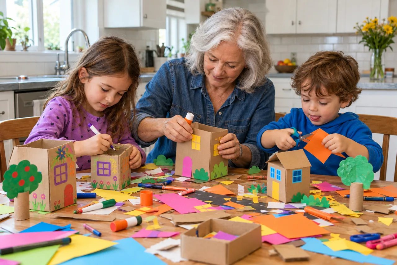 A grandmother and two children making colourful cardboard houses together.