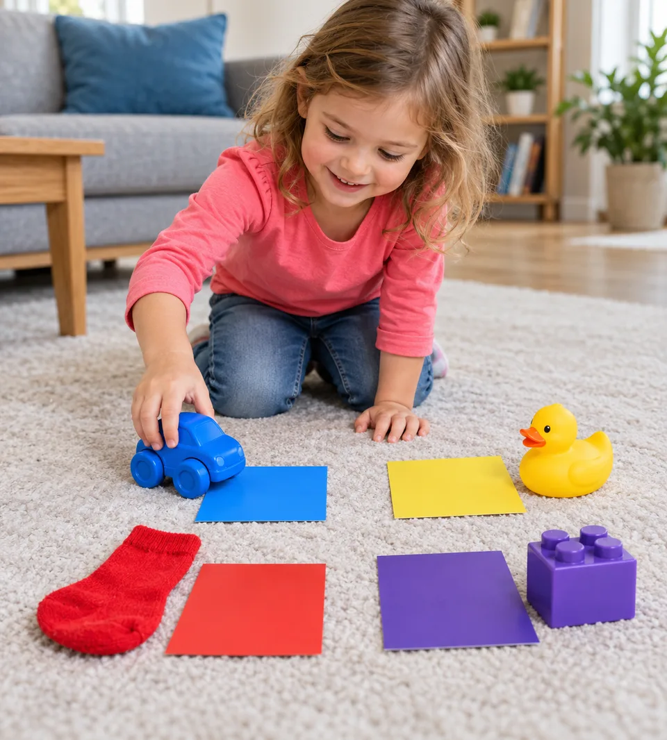 A child matching colourful toys and a sock to coloured cards.