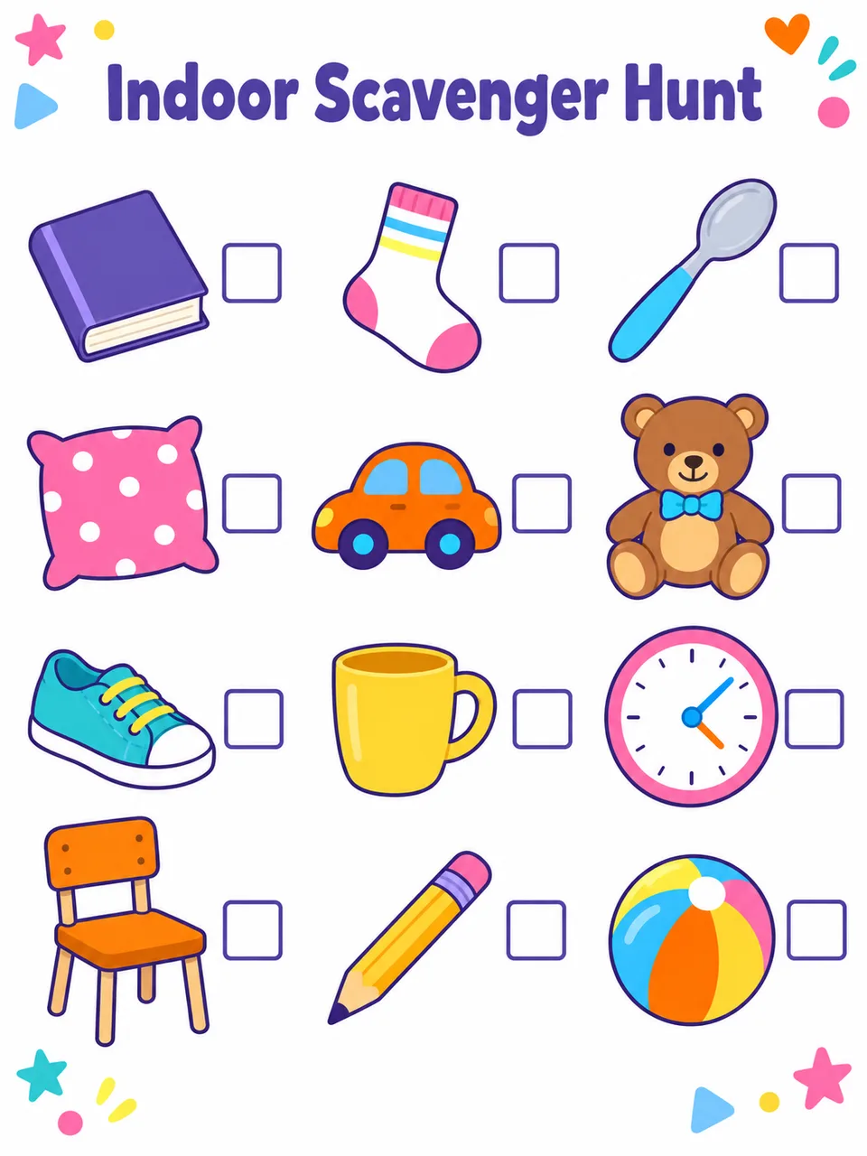 Indoor scavenger hunt worksheet with twelve illustrated objects and checkboxes.
