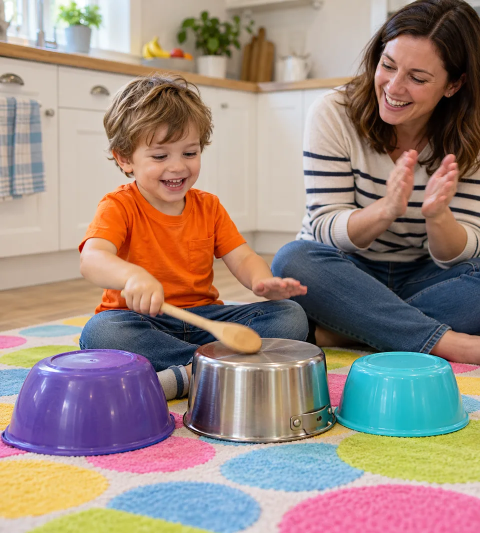 A toddler tapping a saucepan with a wooden spoon while an adult claps.