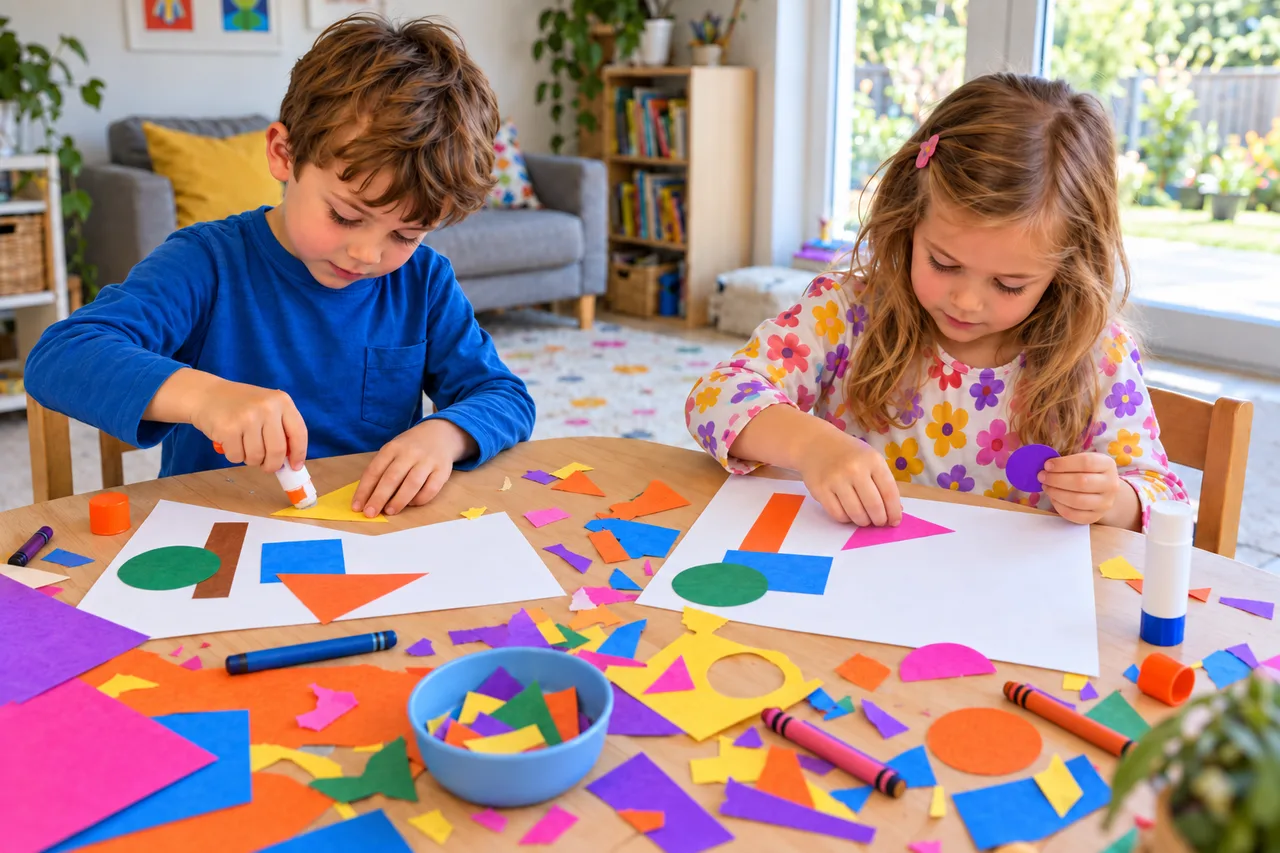 Two preschool children making pictures with colourful paper shapes.