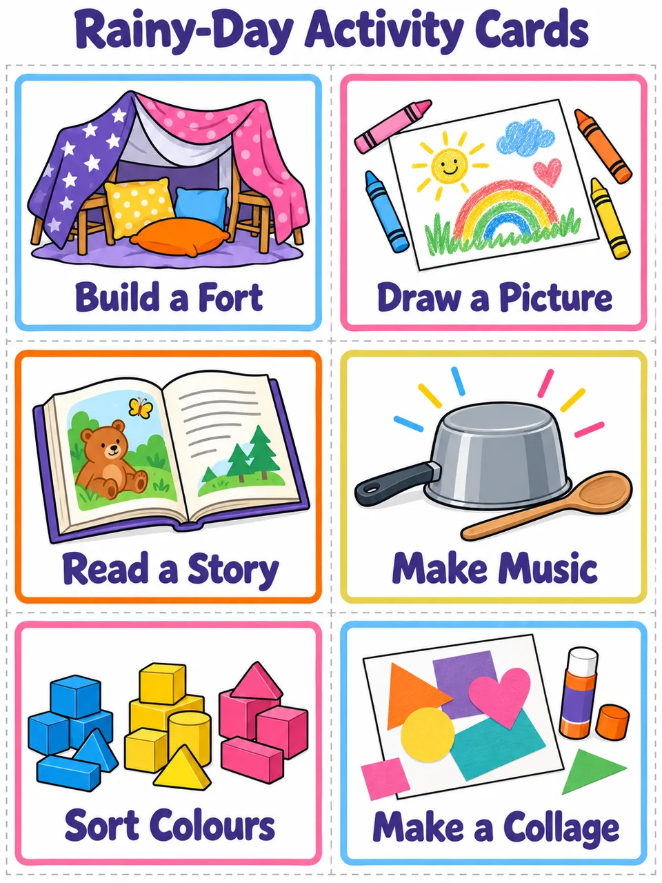 Six rainy-day activity choice cards with colourful illustrations.