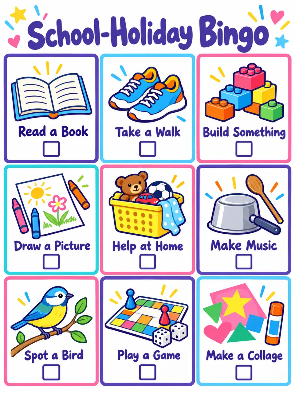 School-holiday bingo sheet with nine illustrated activities.