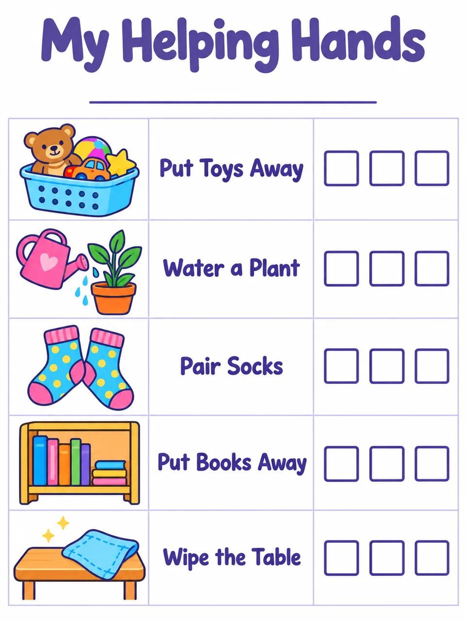 My Helping Hands household jobs chart with five tasks and tick boxes.