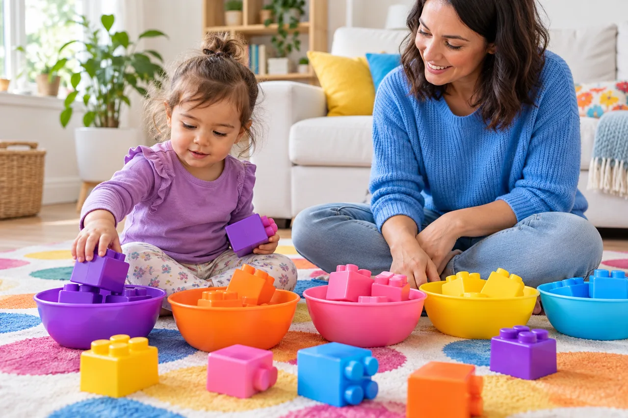 A toddler sorting colourful building blocks into bowls with an adult.